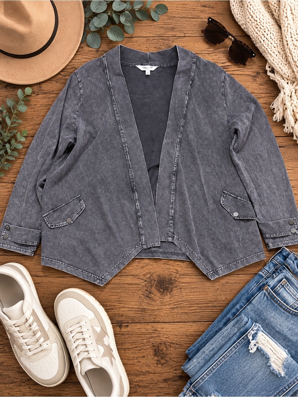 Jillian N Women’s 2X Washed Black Denim Look Cardigan Jacket Open Front